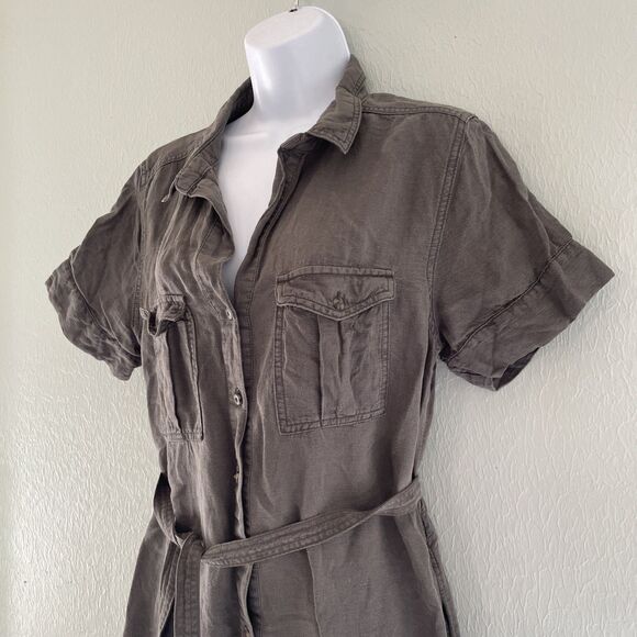 Lucky Brand Army Green Midi Shirt Dress Full Button Short Sleeve Collar Womens L - Picture 3 of 7